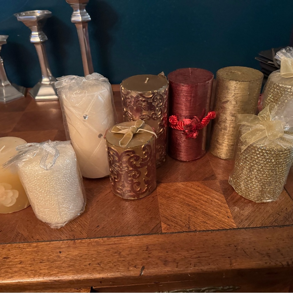 Elegant Assorted Candle Set - Gold, Red, Cream (9 candles) UNUSED- in plastic